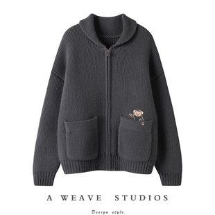 冬凤凰 100%山羊绒重磅加厚手绣卡通猴针织羊绒外套 陪你过冬