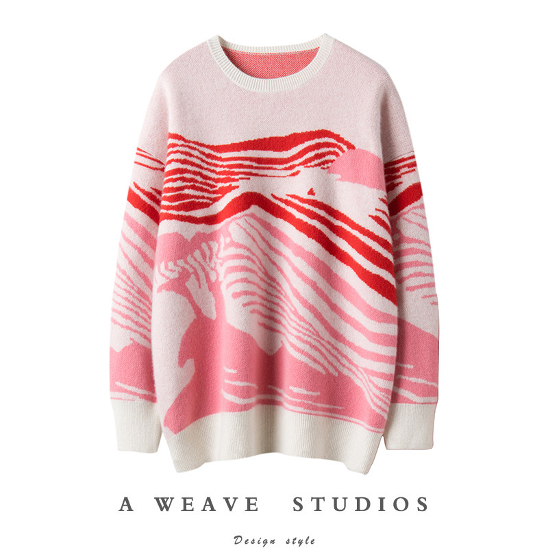 眼前一亮！复古酒红抽象提花廓形密织毛衣短裤纯山羊绒套装2024冬