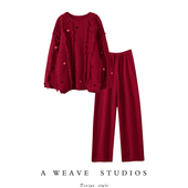 时髦感 套装 加厚手工亮片羊绒衫 女圆领大克重羊绒阔腿裤