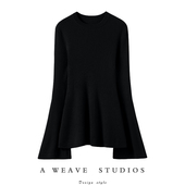 古典式 优雅 100%山羊绒喇叭袖 敲多色 坑条沙漏型修身 针织上衣