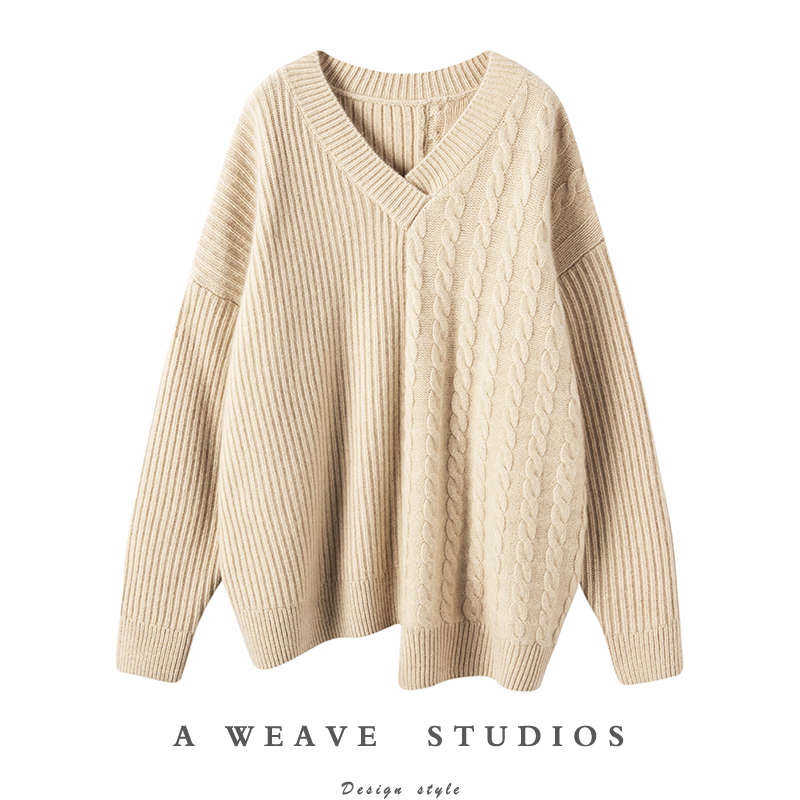 越穿越爱气质！重磅加厚！不对称绞花V领羊绒衫女纯羊绒毛衣宽松,女装/女士精品,羊绒衫,淘宝优惠券,粉丝福利购,淘宝优惠卷