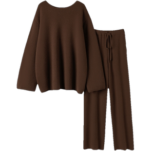 气质秀场版~2024新款空气羊绒系列小一字领上衣加厚9分阔腿裤套装