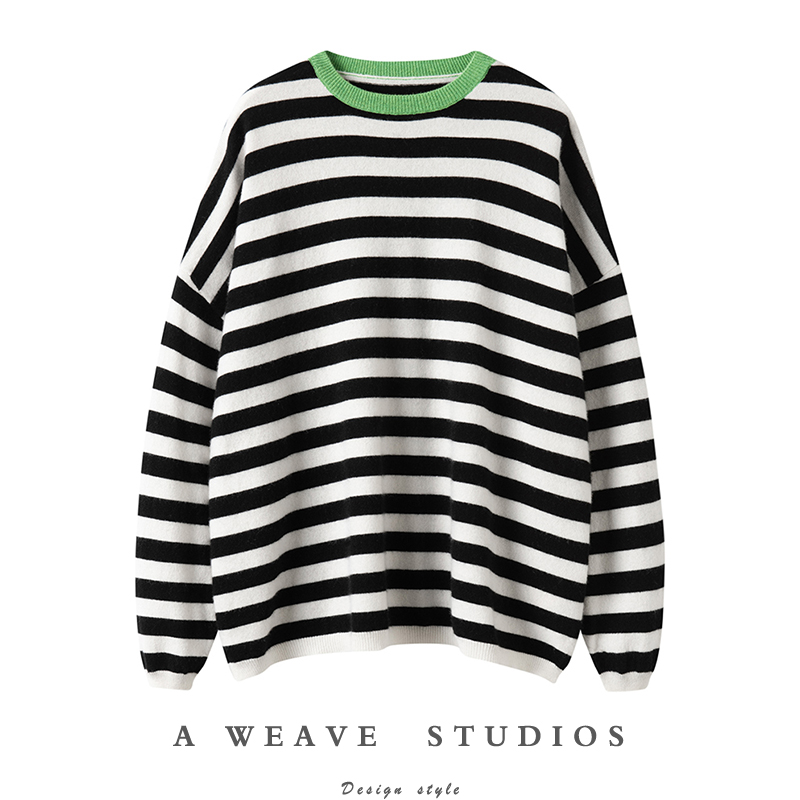 条纹不败！圆领羊绒衫女宽松纯羊绒毛衣针织衫套头慵懒风秋冬新款,女装/女士精品,羊绒衫,淘宝优惠券,粉丝福利购,淘宝优惠卷