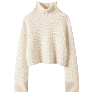 冬凤凰〓绒+〓白色编镂空编织阔袖高领100%羊绒毛衣女2024春