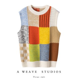 上身出众 100%羊绒背心女撞色原创画布拼图上衣 好搭配