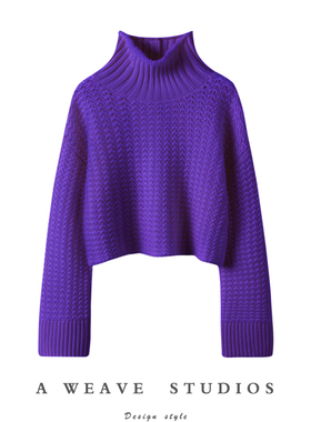 高段位气质~2024新款紫色编镂空编织阔袖高领100%羊绒毛衣女