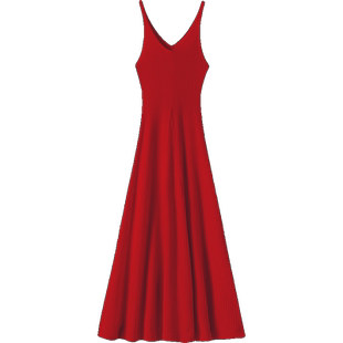 藐视众生！神仙色红色V领吊带羊绒连衣裙伞裙女长款羊绒衫