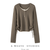 半开扣假两件纯羊绒衫 怦然心动 版 女撞色抽褶小众设计感上衣夏