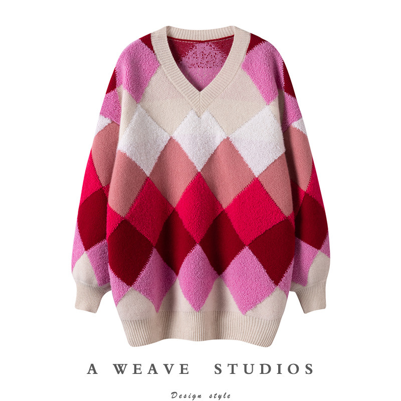 冬凤凰绒+粉色拼色立体植绒菱格v领加厚廓形羊绒毛衣2024新款,女装/女士精品,羊绒衫,淘宝优惠券,粉丝福利购,淘宝优惠卷