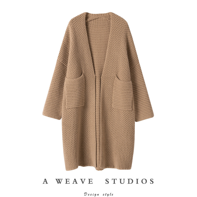 低奢优雅大气~重工立体编制纯色羊绒针织开衫女长款宽松毛衣外套