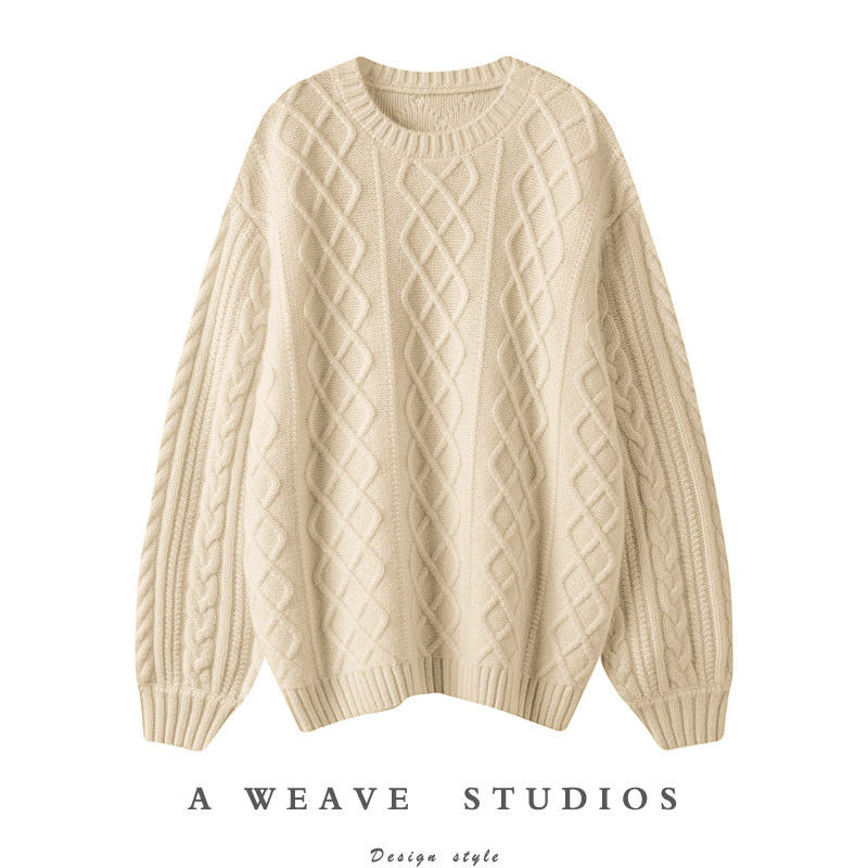 惊艳四座~重磅加厚！复古绞花圆领羊绒衫女纯羊绒毛衣宽松慵懒风,女装/女士精品,羊绒衫,淘宝优惠券,粉丝福利购,淘宝优惠卷