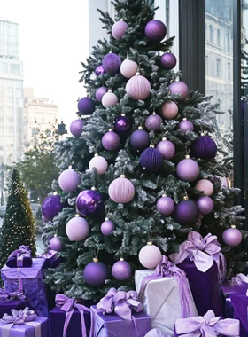 新款圣诞树装饰挂件酒红紫色绒布球圣诞节网红打卡场景布置丝绒球