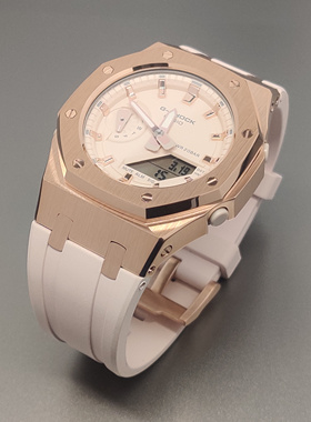 适用于卡西欧GMAS2100改装女士玫瑰金粉色农家橡树钢壳氟橡胶表带