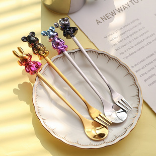 L炫彩小熊勺子 不锈钢小勺可爱家用吃饭调羹儿童水果叉太空兔勺叉