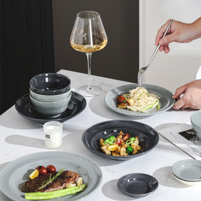 Nordic light gray ceramic bowl and plate tableware, ceramic