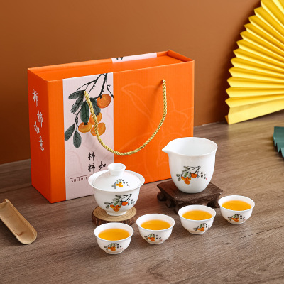 Everything goes smoothly, tea set, persimmon set, white por
