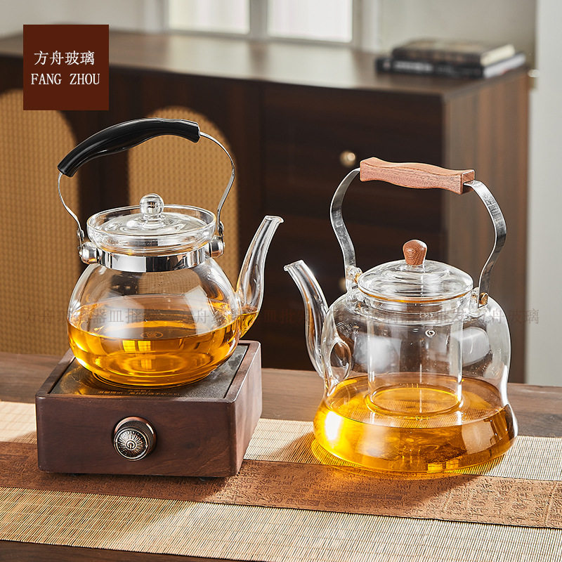 简约风高硼硅耐热玻璃提梁壶木把手烧水茶壶大容量加厚煮水壶