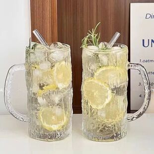 树纹玻璃果茶杯大容量带把果汁啤酒冷饮料杯家用喝水杯子