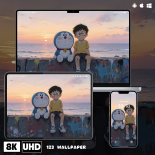 哆啦A梦&大雄插画8K超清壁纸iphone苹果安卓手机电脑ipad平板壁纸