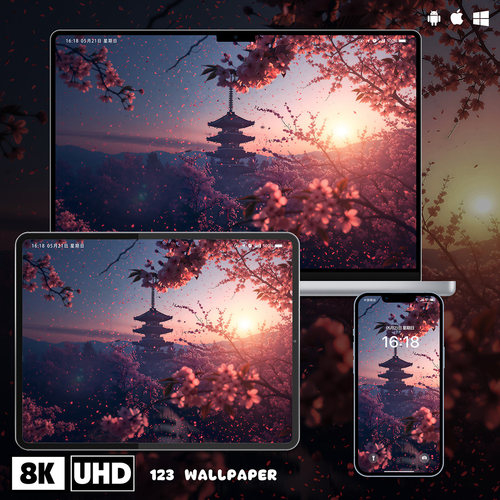 粉樱日式塔楼氛围感超清壁纸iphone苹果安卓手机电脑ipad平板壁纸