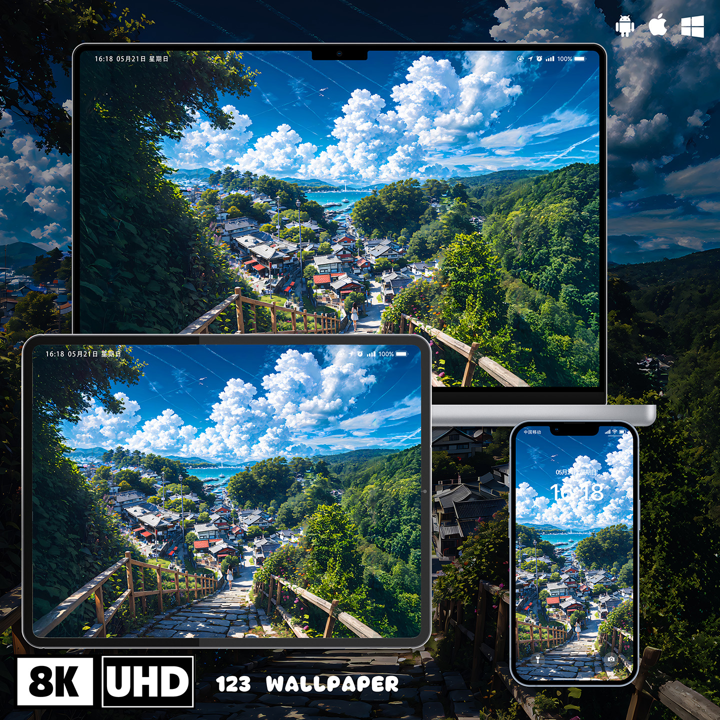 动漫风海滨石阶小镇超清壁纸iphone苹果安卓手机电脑ipad平板壁纸