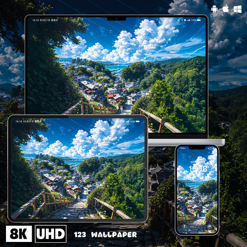 动漫风海滨石阶小镇超清壁纸iphone苹果安卓手机电脑ipad平板壁纸