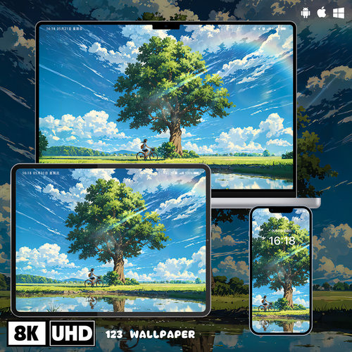 治愈风大树少女骑车彩虹壁纸iphone苹果安卓手机电脑ipad平板壁纸