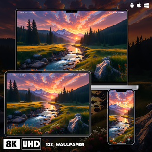 落日山河盛景油画风景8K壁纸iphone苹果安卓手机电脑ipad平板壁纸