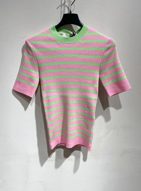 小众潮牌2024春夏新款修身拼色条纹短袖圆领针织T恤女上衣