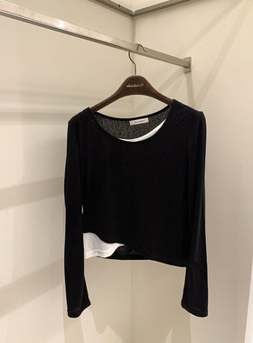 小众潮牌2024春夏季新款拼色假两件圆领拼色长袖T恤打底上衣女