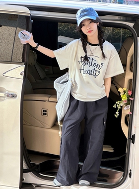 欧抱抱女童夏装休闲速干工装裤套装洋气时髦女孩中大童短袖t恤两