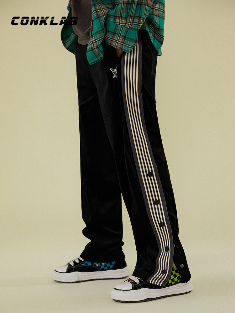 conklab高街潮牌侧条纹刺绣蝴蝶休闲排扣长裤子男宽松复古运动裤