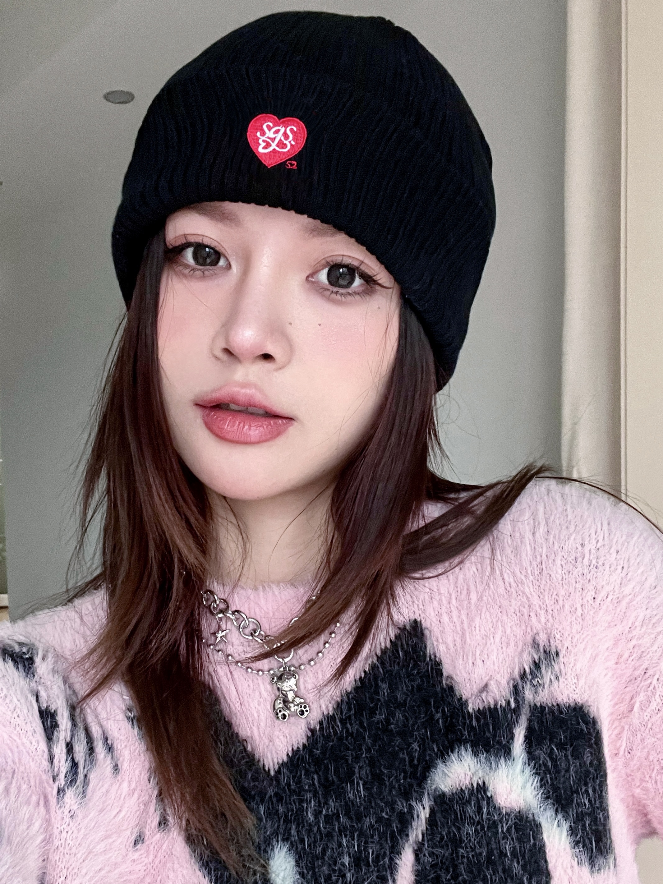 爱心字母刺绣休闲毛线针织帽圆顶