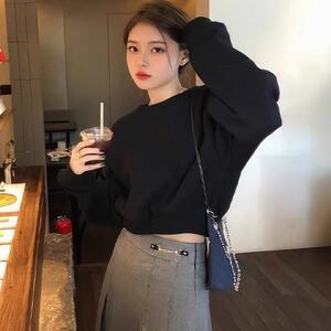 2024秋冬加绒短款卫衣纯棉打底衫韩版外套圆领小个子黑色女士上衣