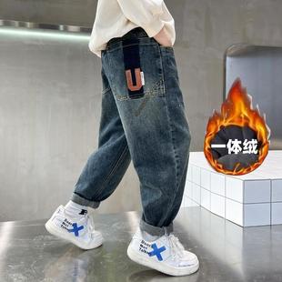 儿童男装2024新款男童牛仔裤一体绒加绒保暖裤子学生棉裤厚绒弹力