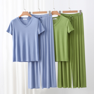 宽松九分阔腿裤 睡衣女V领短袖 休闲家居服春夏外穿薄款 莫代尔大码