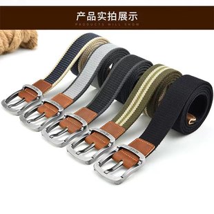 帆布腰带男士 卡其条纹针扣结实青年军训棕色户外 女士皮带休闲韩版