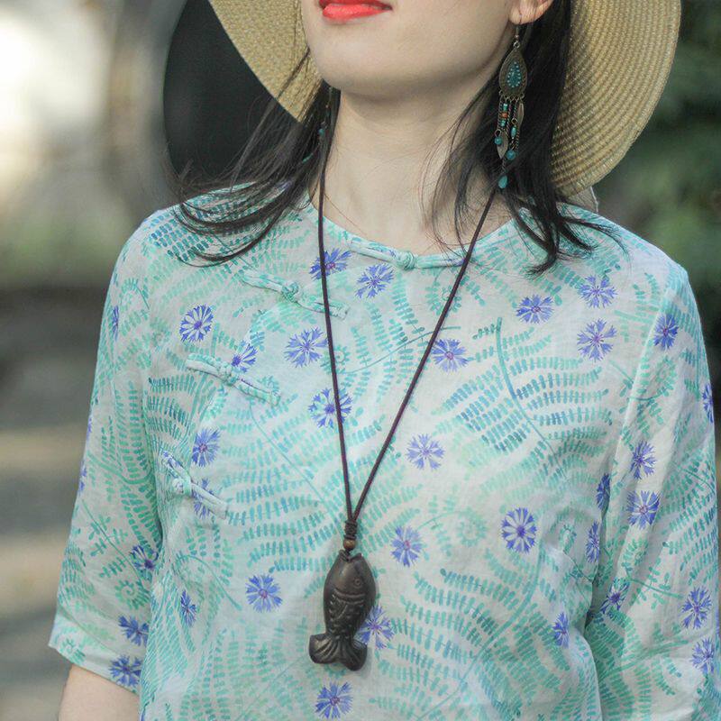 SUMMER 2023 NEW CHINESE STYLE DIAGONAL BUCKLE T-SHIRT WOMENS LIGHT CASUAL PULLOVER LOOSE PRINT TOP