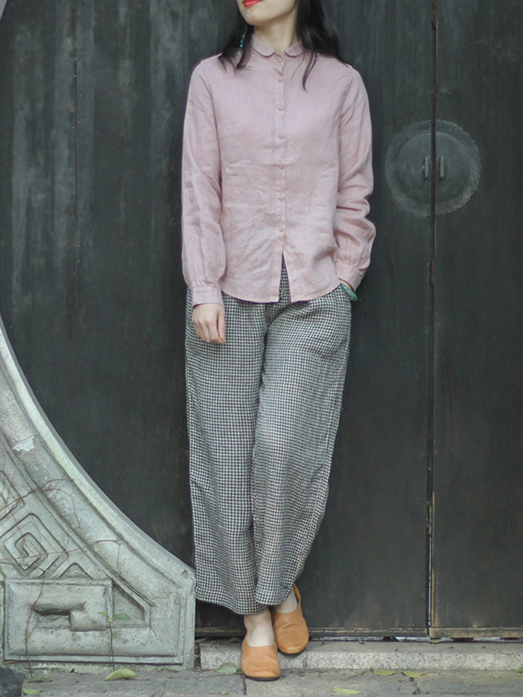 SUMMER NEW VINTAGE LINEN HIGH-WAISTED PLAID WIDE-LEG PANTS WOMENS LOOSE AND THIN VERSATILE LIGHT CROPPED PANTS SLACKS