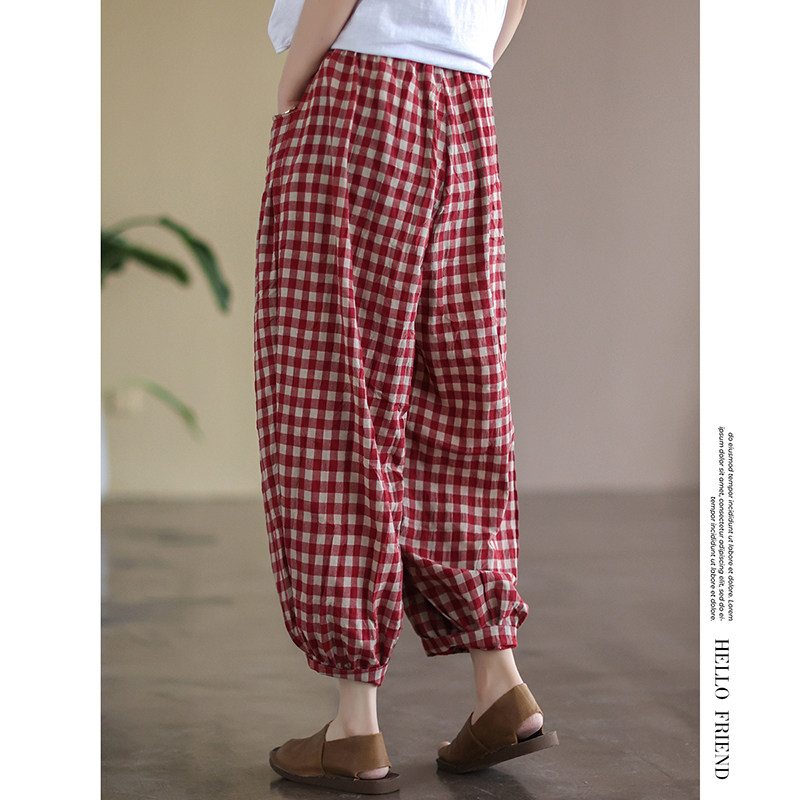 SUMMER 2023 NEW VINTAGE PLUS SIZE PLAID BLOOMERS WOMENS ELASTICATED WAIST SLIM VERSATILE CASUAL PANTS CROPPED PANTS