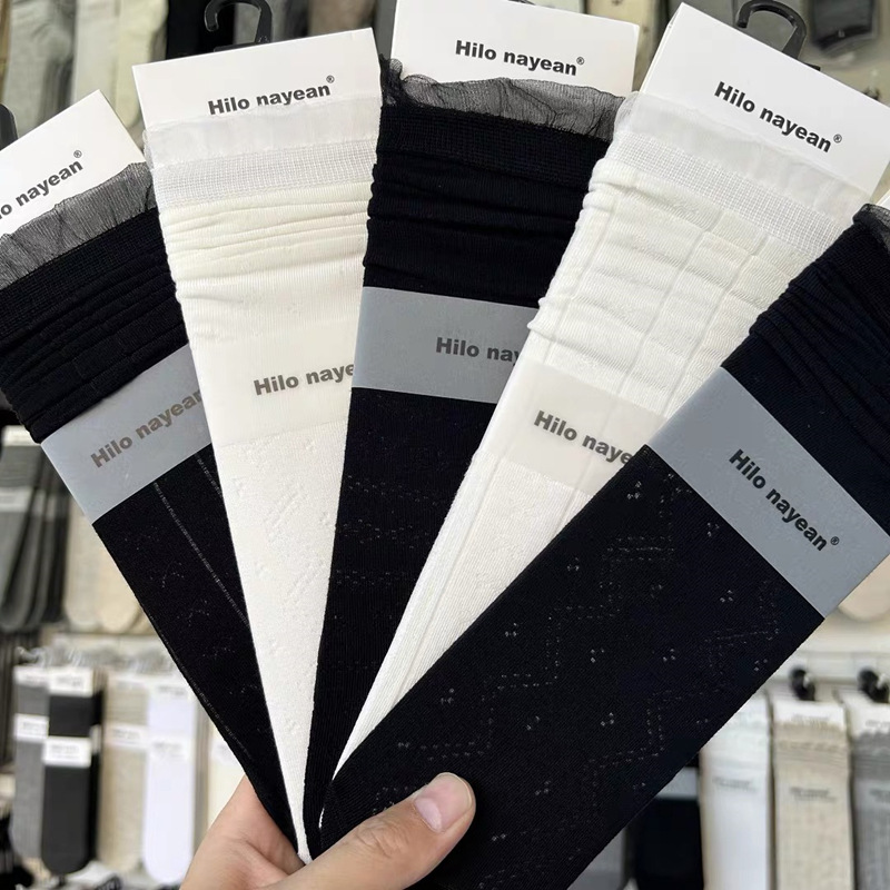 堆堆袜女春夏黑白薄款蝴蝶结蕾丝温柔纯色柔软长袜韩国中筒袜