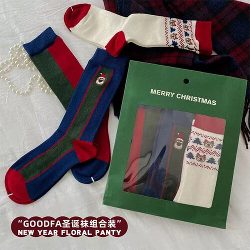 圣诞袜礼盒费尔岛风羊毛袜女秋冬保暖中筒袜红绿撞色原创情侣袜子