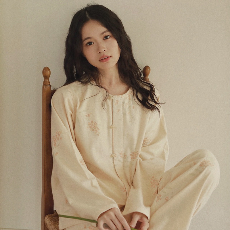八月格桑纯棉睡衣女春秋季复古长袖套装可外穿中国风全棉家居服冬