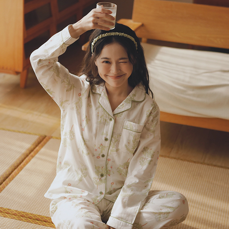 八月格桑睡衣女款纯棉纱布春秋季薄款家居服全棉长袖套装大码翻领