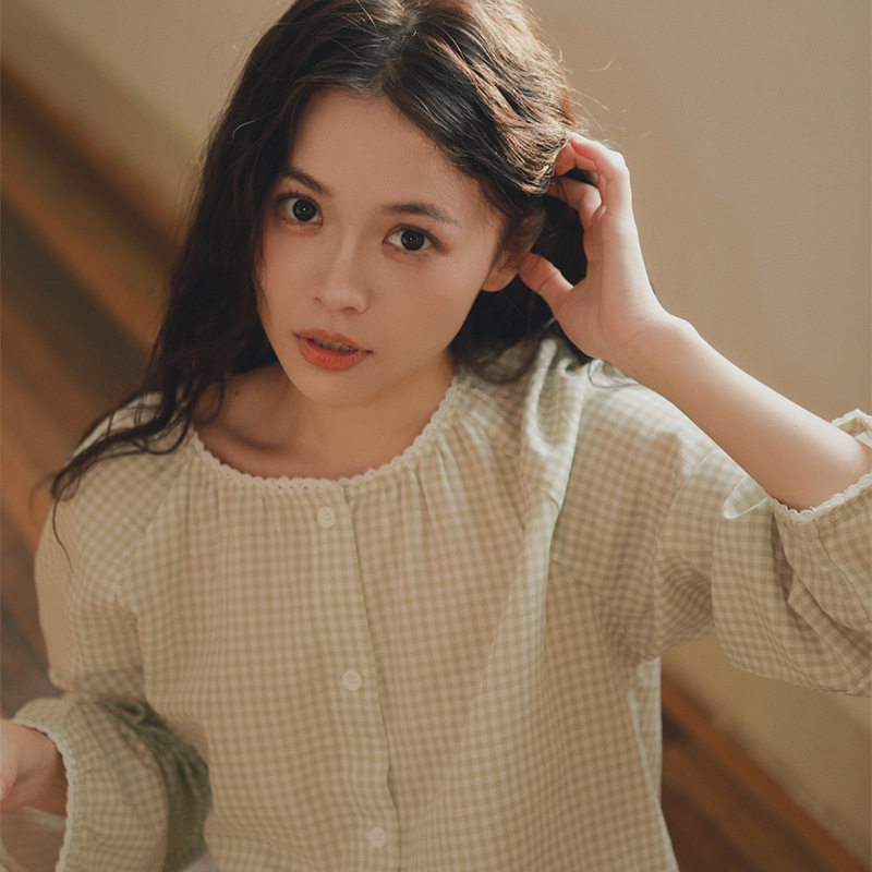 八月格桑睡衣女款2026春秋季纯棉长袖长裤春款格子全棉纱布家居服