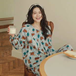 大码 八月格桑卡通睡衣女款 套装 纯棉纱布日系全棉家居服长袖 春秋季