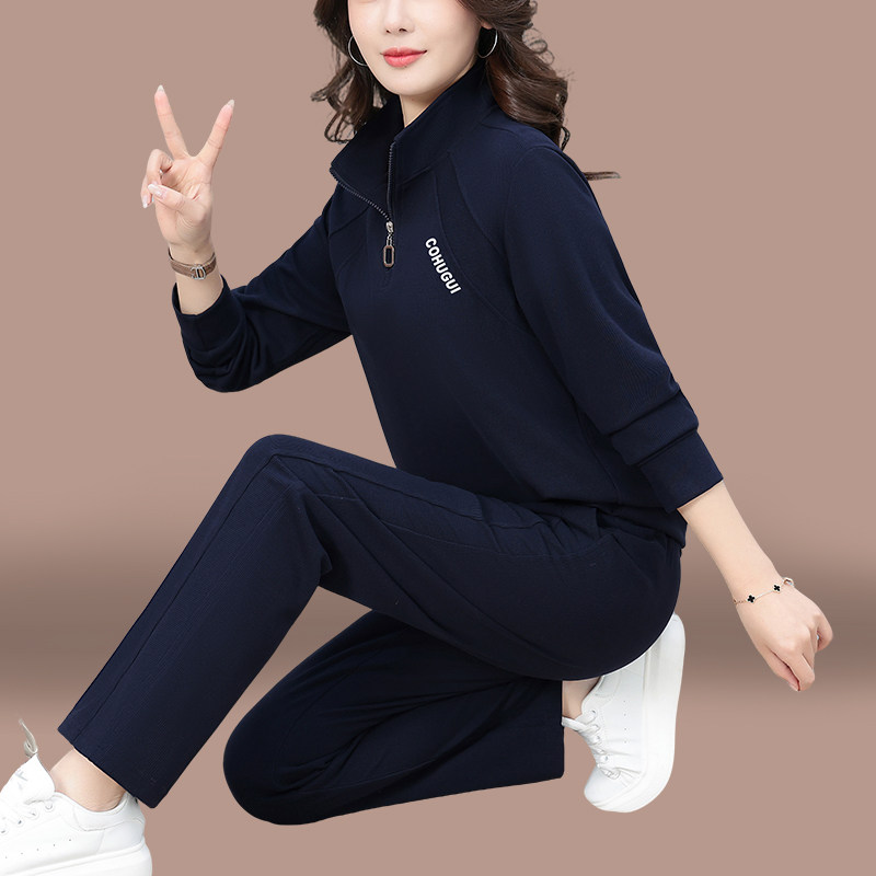 蓝色运动套装女2026新款春秋时髦宽松洋气休闲立领拉链卫衣两件套