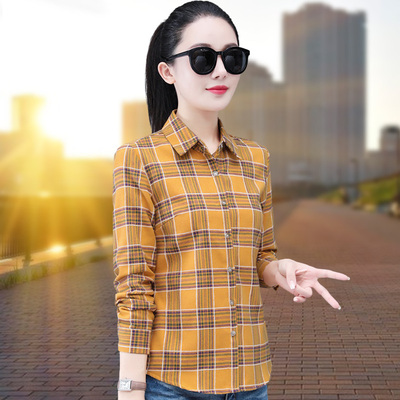 格子衬衫女纯棉短袖正肩上衣