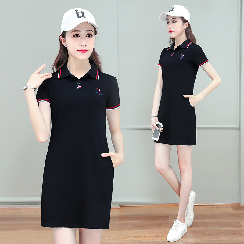 2024新款polo领连衣裙子女中长款polo群装小个子黑色夏季运动气质