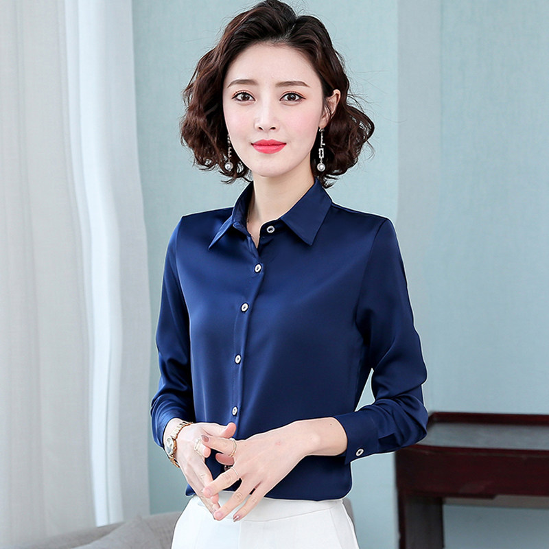 深蓝色衬衫女2021年春装新款秋洋气外穿百搭小衫雪纺衬衣上衣时尚